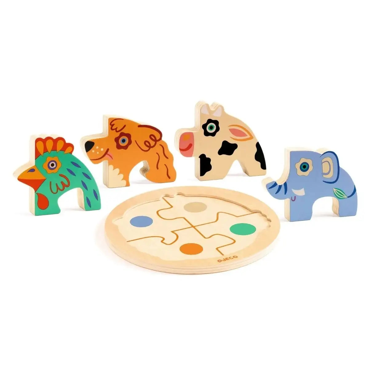 Bunte Holztierpuzzle mit Huhn, Hund, Kuh und Elefant für kindgerechtes Lernen und Spielen
