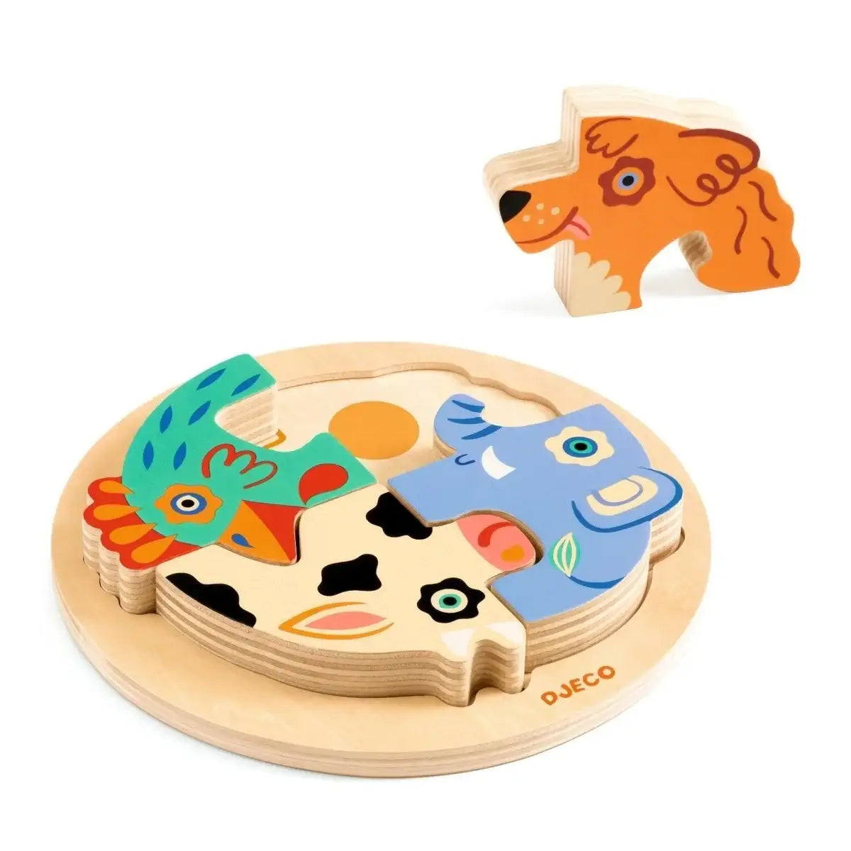 Bunter Holzpuzzle mit Tiermotiven von Djeco – nachhaltiges Kinderspielzeug für kreatives Lernen