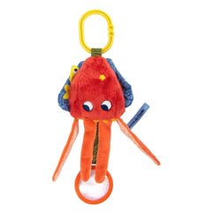 Roter Plüsch-Tintenfisch mit Saugnapf und gelbem Clip, ideal als Baby-Spielzeug oder Kinderzimmer-Dekoration