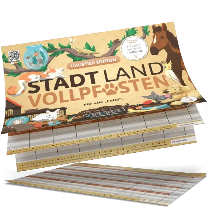 Stadt Land Vollpfosten Spiel für Tierfreunde mit bunten Illustrationen und Punktezähler