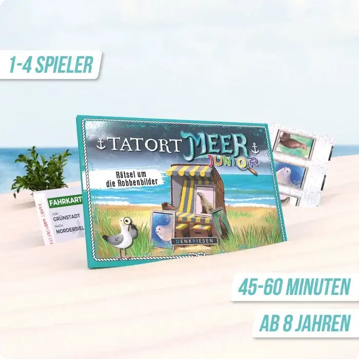 Tatort Meer Junior Spiel für 1-4 Spieler, ab 8 Jahren, 45-60 Minuten, Strand- und Robbenmotiv