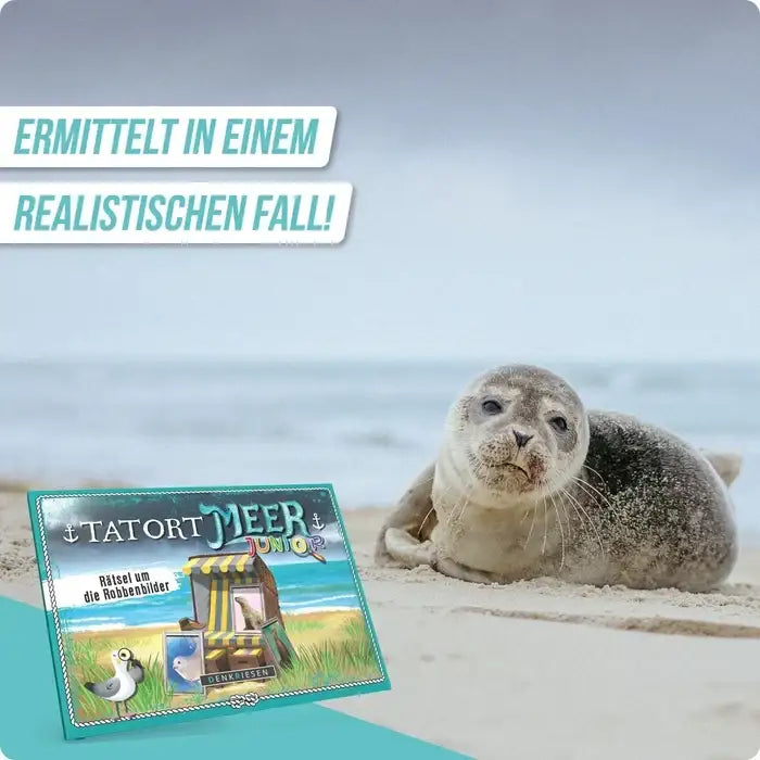 Rätselbuch 'Tatort Meer Junior' mit Robbenbildern am Strand, nachhaltiges Kinderbuch für Entdeckungen