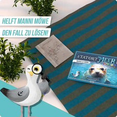 Tatort Meer Junior Spielzeug mit Seehund & Möwe auf gestreifter Decke, nachhaltiges Kinderspielzeug