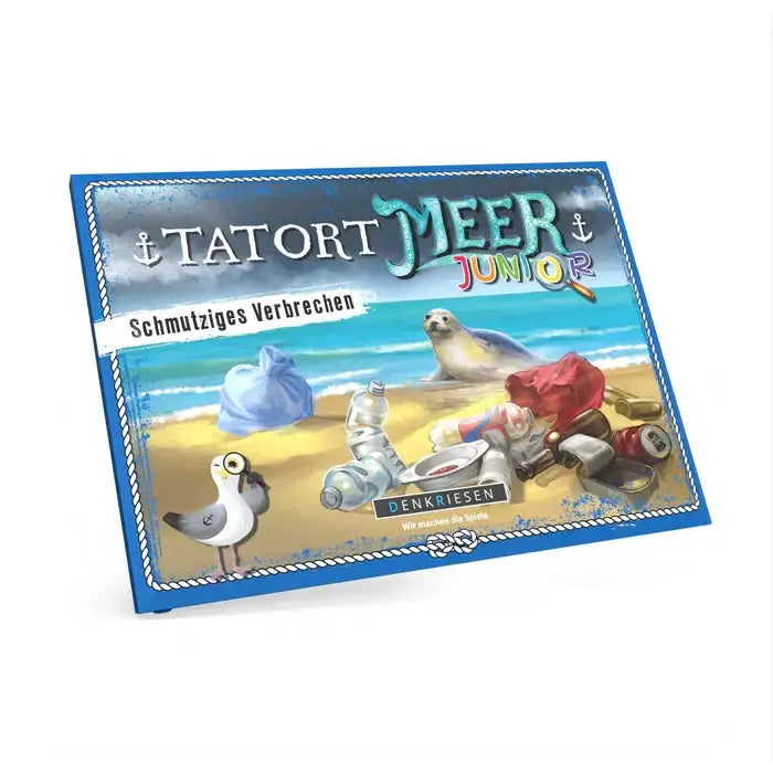 Tatort Meer Junior: Nachhaltiges Kinderspiel zum Thema Meeresverschmutzung mit Seehund, Möwe und Müll am Strand