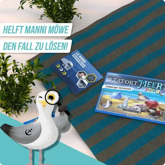 Tatort Meer Junior Spiel mit Möwe und Lupe, nachhaltiges Kinderdetektivspiel für Strand- und Umweltthemen