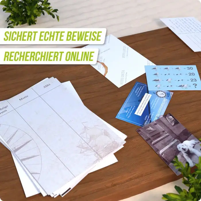 Bastelmaterialien mit Anleitungen und Bildkarten auf Holztisch für kreatives Kinderbasteln