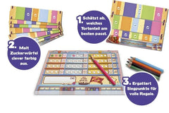 Spielanleitung für ein bunte Kinderbrettspiel mit Torte und Zuckerwürfeln
