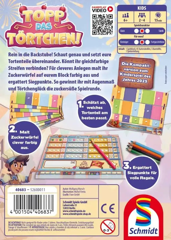 Verpackung des Kinderspiels Topp das Törtchen mit Spielanleitung und Illustrationen.