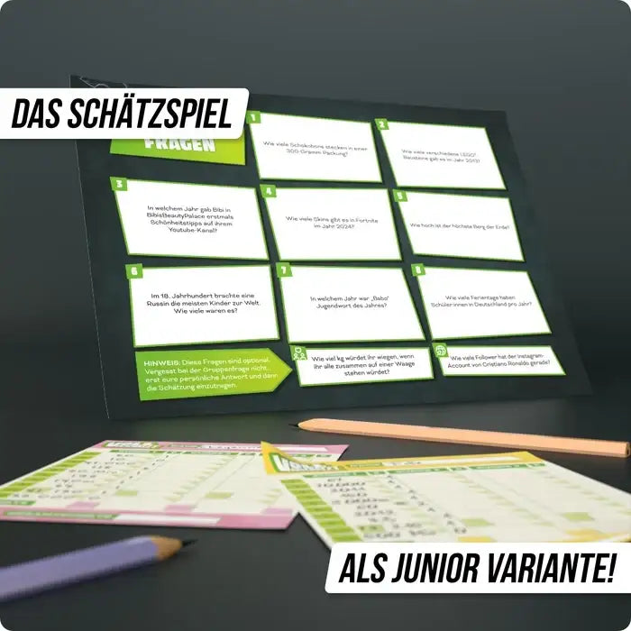Das Schätzspiel als Junior Variante mit Fragenkarten und Stiften für kinderfreundliches Ratespiel