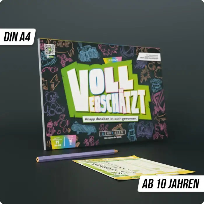 Voll erschätzt Spiel für Kinder ab 10 Jahren, DIN A4, nachhaltiges Bastelspielzeug mit bunten Motiven
