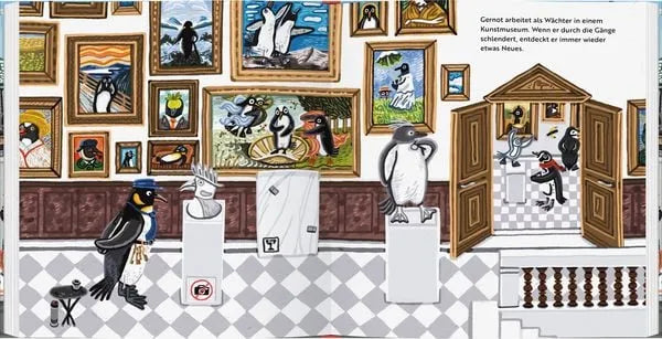 Pinguin-Wächter in Kunstmuseum mit Gemälden und Skulpturen, nachhaltiges Kinderbuchillustration