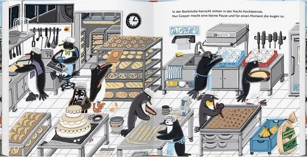 Pinguine in Bäckerei mit frischem Brot und Kuchen, nachhaltiges Spielzeug für Kinder