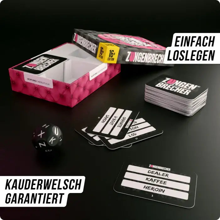 Zungenbrecher-Spiel mit Karten und Würfel, ideal für Erwachsene und Partys