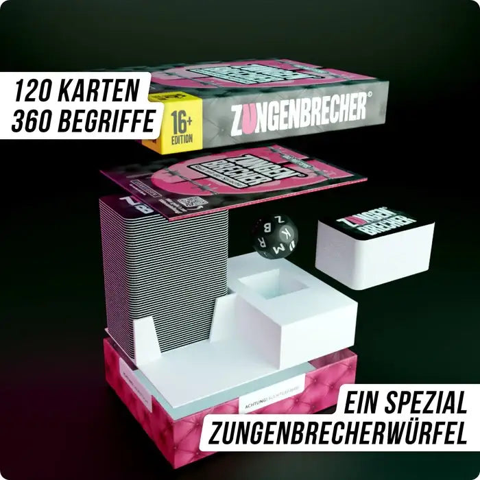 Zungenbrecher Kartenspiel mit 120 Karten, 360 Begriffen und Spezialwürfel – nachhaltiges Spielzeug für Erwachsene