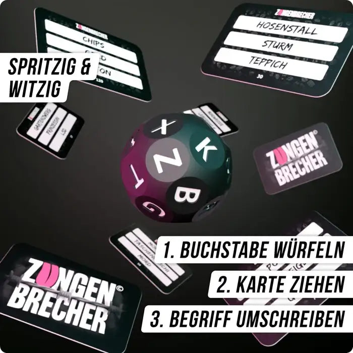 Zungenbrecher-Spiel mit Würfel und Karten – spritzig & witzig, Buchstaben würfeln, Karte ziehen, Begriff umschreiben