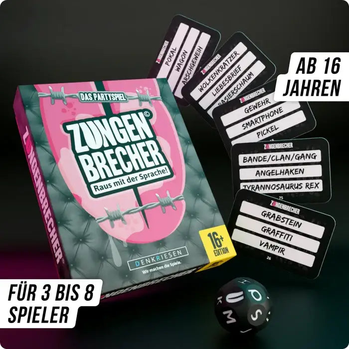 Zungenbrecher Partyspiel für 3-8 Spieler ab 16 Jahren mit Karten und Würfel, sprachliches Gesellschaftsspiel